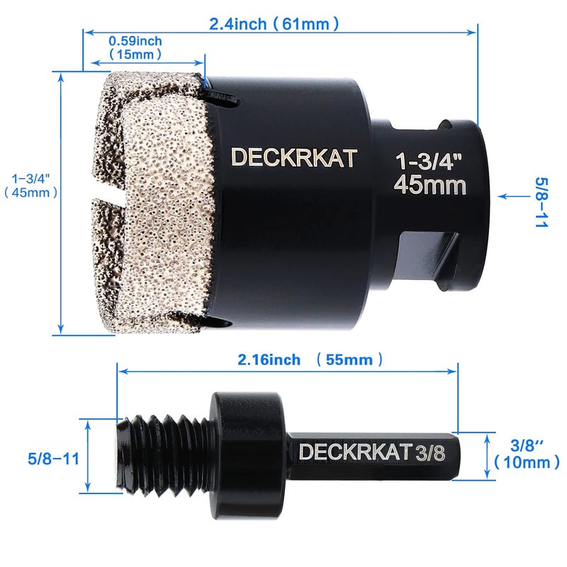 DECKRKAT Diamond Hole Saw, 1-3/4" Hole Saw for Tiles Granite Marble Ceramic Glass Porcelain, 45mm Core Drill Bit with 5/8-11 Thread and 3/8” Hex Shank Adapter for Angle Grinders & Drills - Image 2